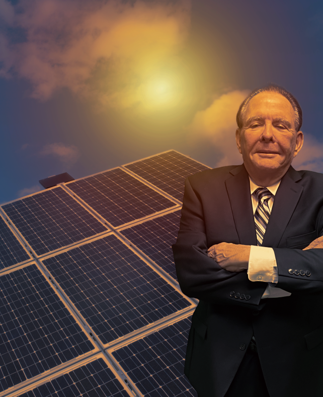 image of solar panels with a blue sky and white puffy clouds during golden hour and tom harris