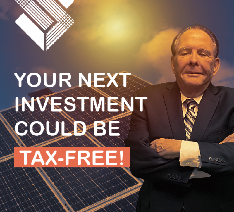 Image of Tom Harris infront of a solar field. text reads: "Your next investment could be TAX FREE"